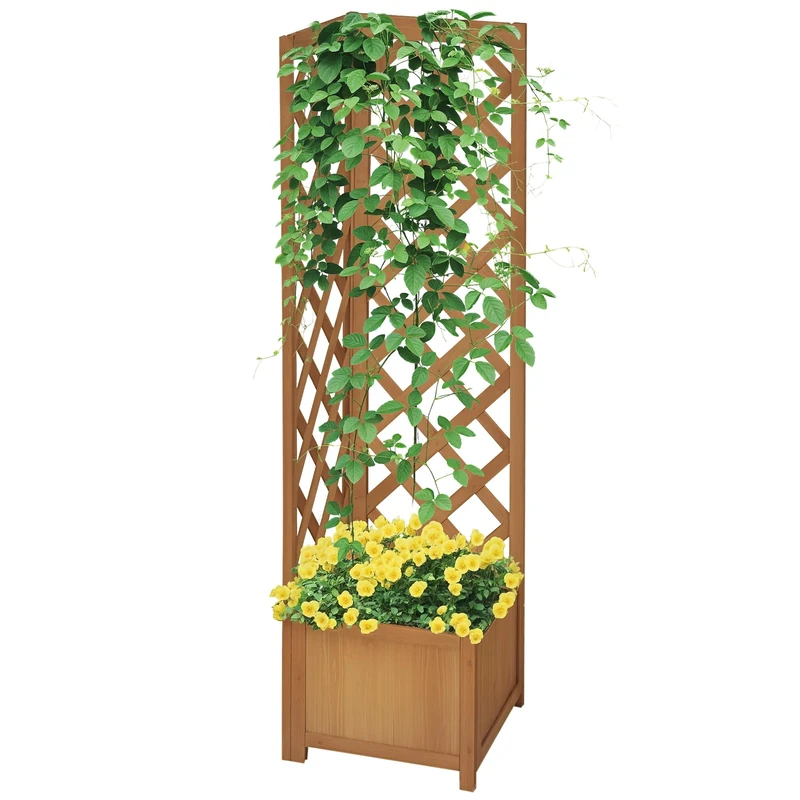 Outsunny Wooden Planter with Corner Trellis, Freestanding Raised Garden Bed with Drainage Bottom, Outdoor Planter Box for Vegetables, Herbs and Flowers, Brown
