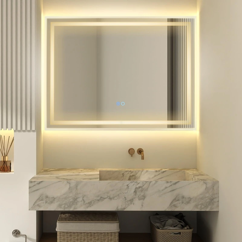 RELAX4LIFE Bathroom Mirror with LED Lights, 800 x 600 mm Backlit+Frontlit Illuminated Wall Mirror with Anti-Fog, 3-Color Dimmable, Touch Control and Memory Function, Multifunction Smart Vanity Mirrors