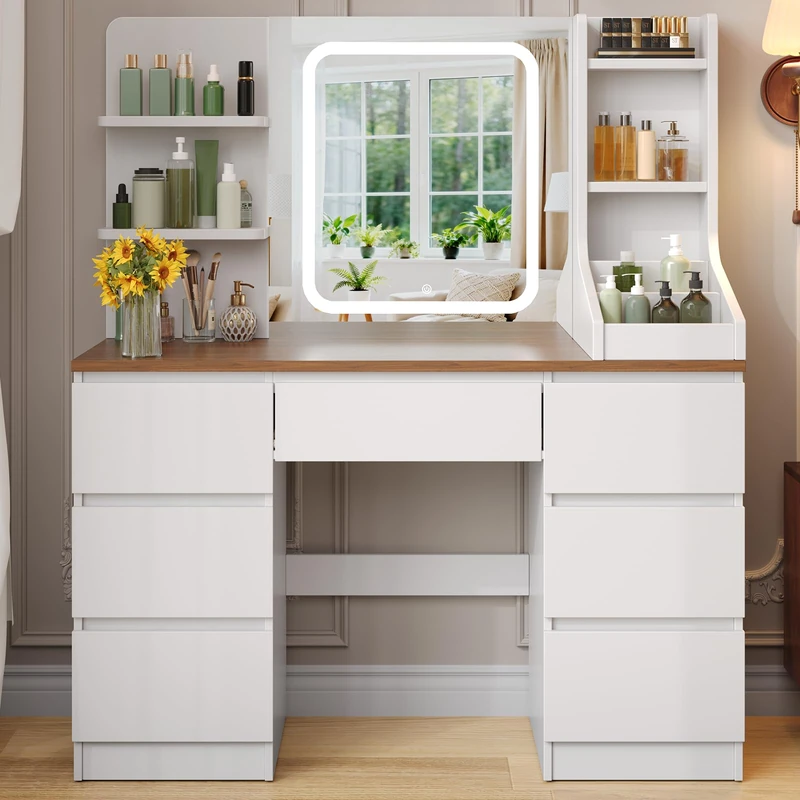 TRIUMPHKEY Dressing Table with Drawer, Vanity Desk with LED Mirror