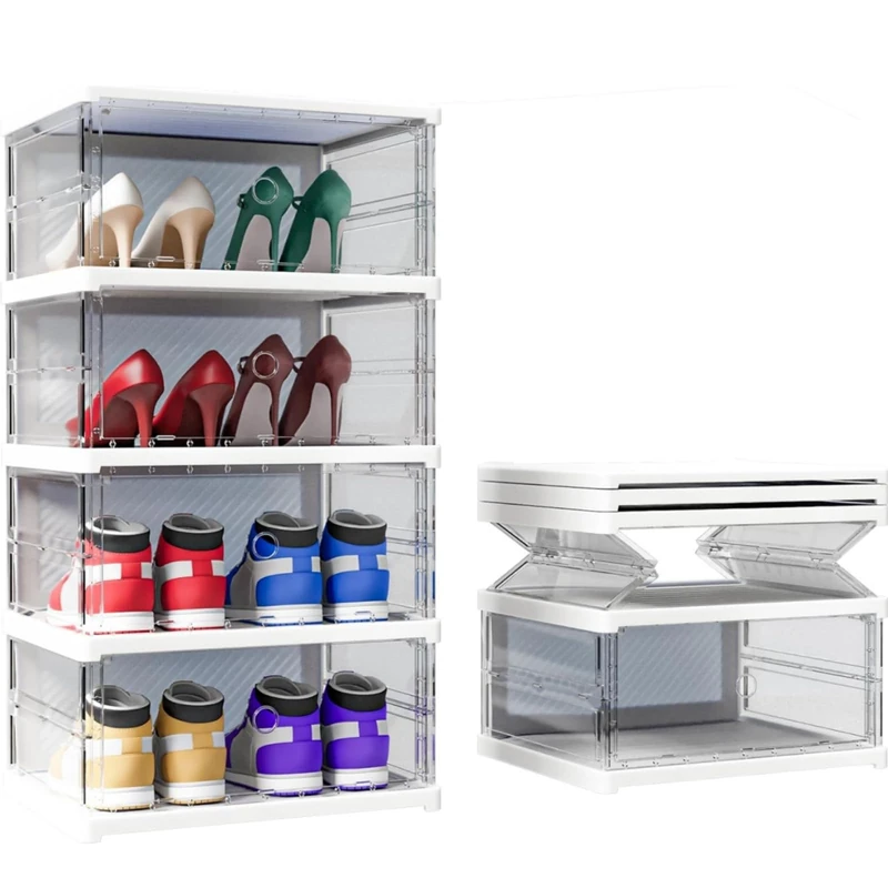 Feonase Foldable Shoe Boxes, Pack of 8 Stackable Shoe Storage Organisers, Space-Saving and Versatile for Sneakers, Fit up to UK Size 12, Sneaker Boot Container White (8PC)