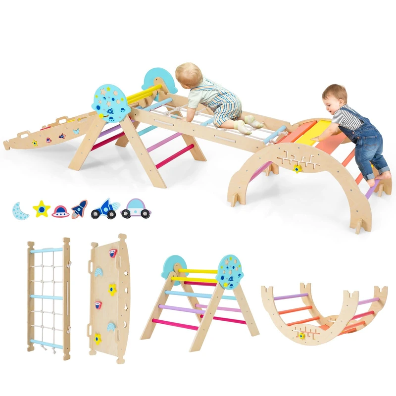 FANTASK Wooden Climbing Frame, Set of 4, Folding Climbing Triangle with Slide, Arch, Net & Double-Sided Ramp, Includes Building Blocks & 2 Cars, Universe Rung Triangle for Children from 1 Year - Image 1