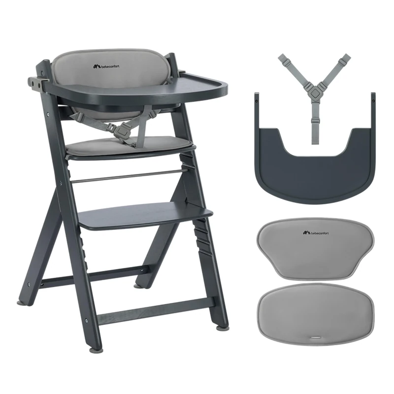 Bebeconfort Timba 2 with Cushion, Evolutive Wooden Highchair, 6+ Months, Up to 110 kg, Ergonomic Baby High Chair, Fits Most Dining Tables, Removable Tray, Grey Mist