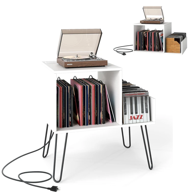 CASART Record Player Stand, Turntable Stand with Charging Station, Removable Dividers & Metal Legs, Vinyl Record Storage Cabinet Holds up to 145 Albums End Table for Living Room Bedroom (White)