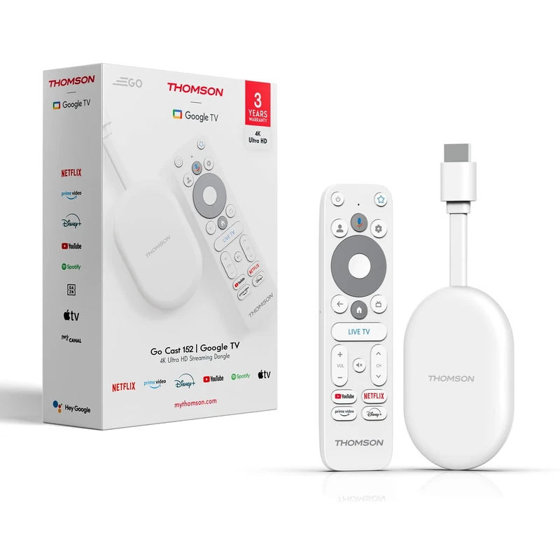Thomson Go Cast 152UK, Google TV, 4K UHD Streaming Dongle, Voice Control, Google Cast, Dolby Atmos, Dolby Digital Plus, Wi-Fi, Multi-Plug Power Adapter, 2 GB RAM, 32 GB Storage