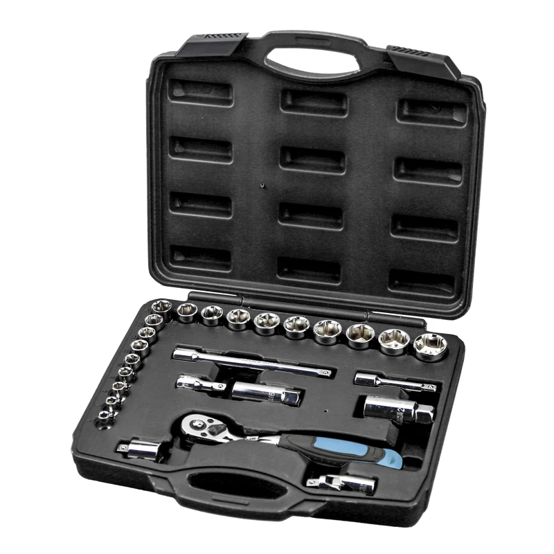 Faithfull Socket Set – 26 Piece (6–24mm), 3/8 Inch Square Drive, Corrosion Resistant Chrome Vanadium Steel with Quick-Release Ratchet, Extensions & Accessories in Storage Case