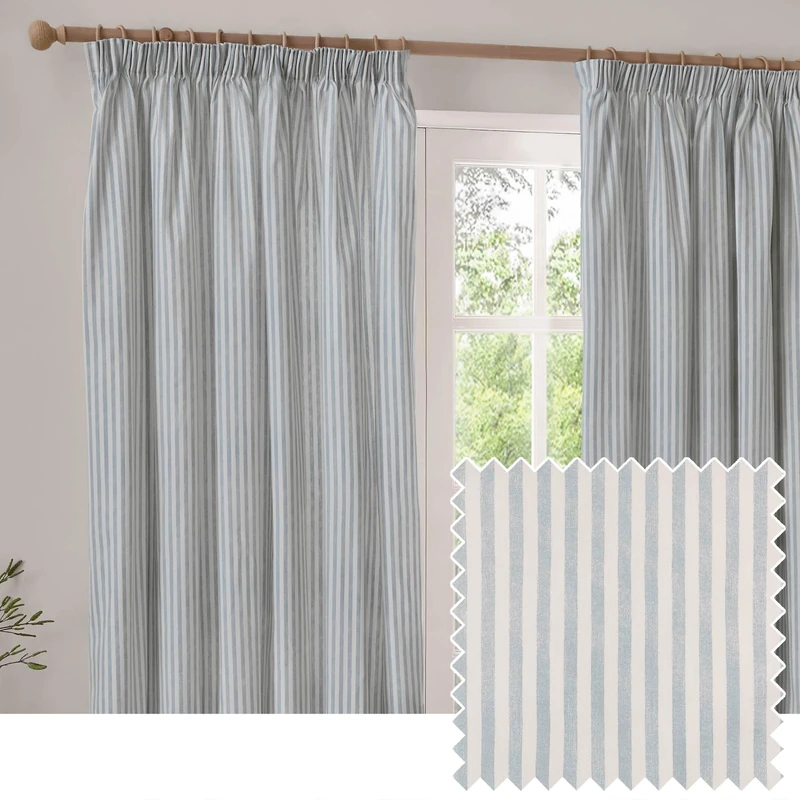 Yard Hebden Pencil Pleat Curtain Pair – Ultra Soft Cotton Lined Striped Curtains (Mineral Blue - 117x183cm)