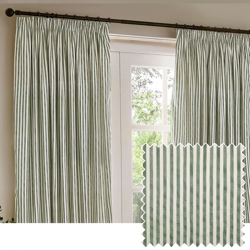 Yard Hebden Blackout Pencil Pleat Curtain Pair – Ultra Soft Cotton Lined Striped Curtains (Forest - 168x137cm)