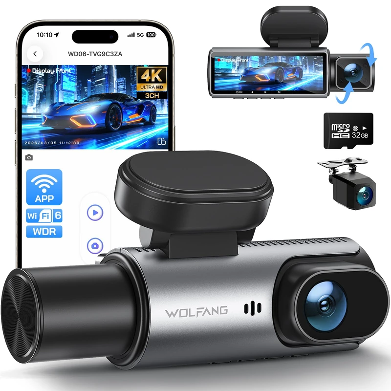 WOLFANG 4K Dash Cam Front and Rear Inside 3 Channel Dashcam, Car Camera Dash Cam with 3.19"IPS, Super Night Vision, Loop Recording, G-Sensor, 170 Wide Angle, Parking Guard, APP Control