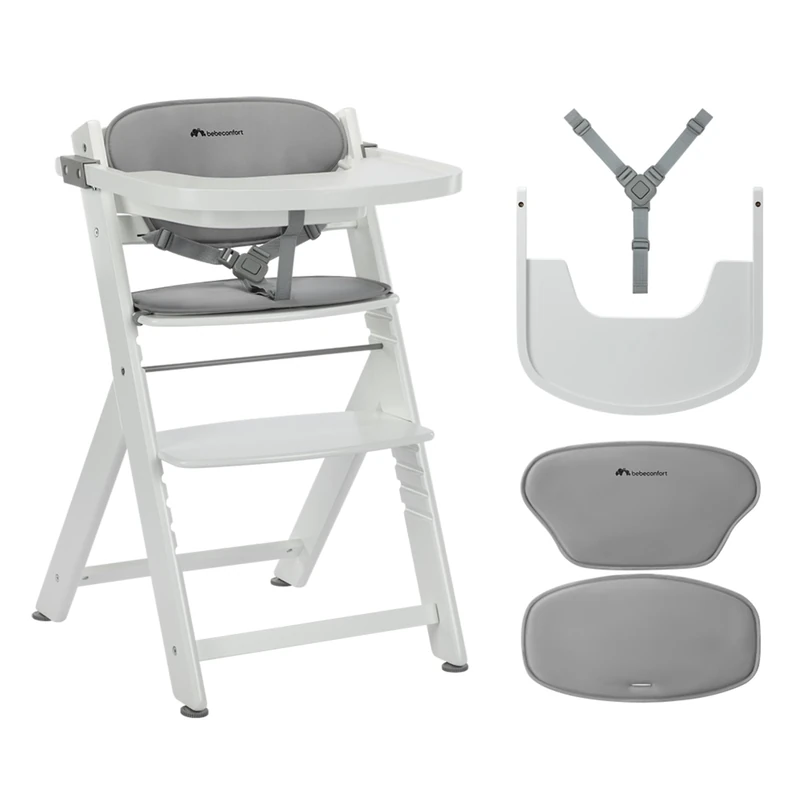 Bebeconfort Timba 2 with Cushion, Evolutive Wooden Highchair, 6+ Months, Up to 110 kg, Ergonomic Baby High Chair, Fits Most Dining Tables, Removable Tray, White + Grey