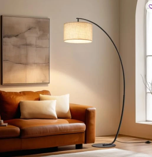 Modern Black Arc Floor Lamp for Living Room, 178cm Tall Over Sofa Standing Lamp with Fabric Shade, Flexible Adjustable Lamp Head, Stable Wide 35cm Base, Foot Switch and E27 9W 3-Colour Bulb Included
