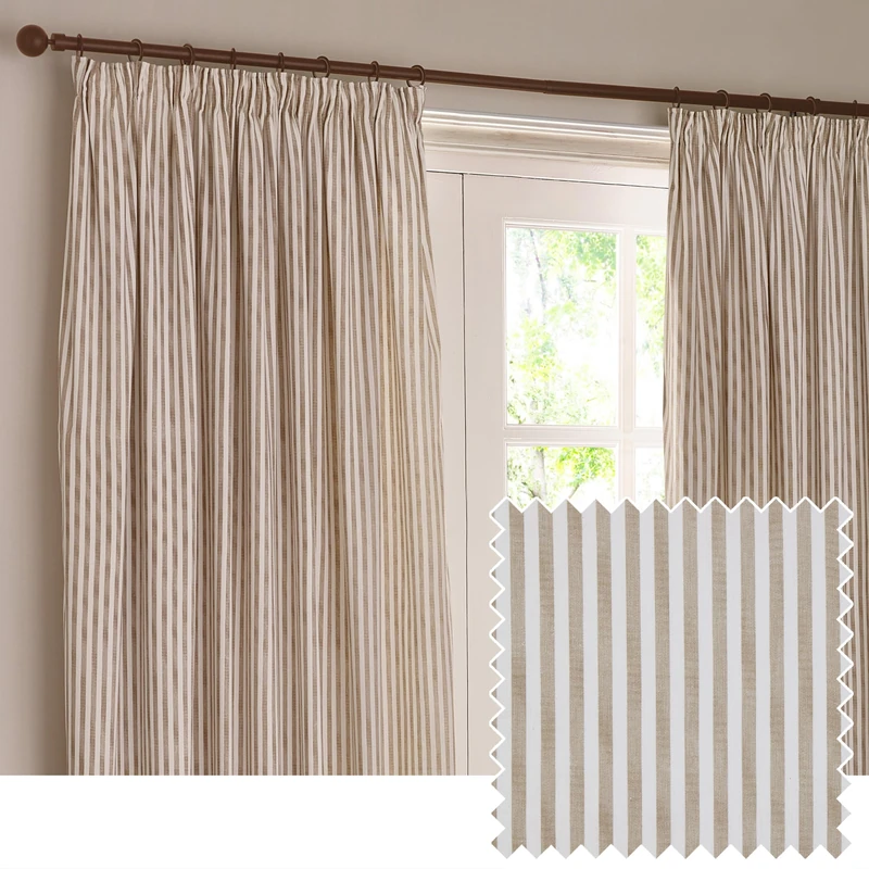 Yard Hebden Blackout Pencil Pleat Curtain Pair – Ultra Soft Cotton Lined Striped Curtains (Natural - 229x183cm)