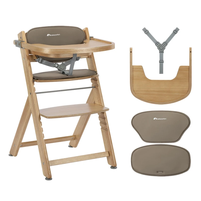 Bebeconfort Timba 2 with Cushion, Evolutive Wooden Highchair, 6+ Months, Up to 110 kg, Ergonomic Baby High Chair, Fits Most Dining Tables, Removable Tray, Natural Wood + Beige
