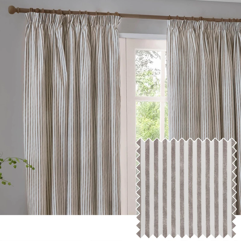 Yard Hebden Pencil Pleat Curtain Pair – Ultra Soft Cotton Lined Striped Curtains (Mole - 168x137cm)