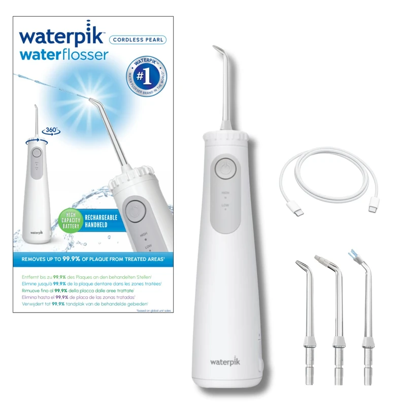 Waterpik WF-27 Pearl, UFSBD Recommended Cordless Irrigator, Rechargeable Dental Jet, Removes Plaque, 2 Pressure Levels, 60 Seconds Cleaning, 3 Tips Included, Waterproof, White