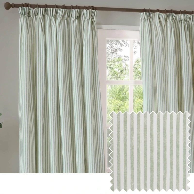 Yard Hebden Blackout Pencil Pleat Curtain Pair – Ultra Soft Cotton Lined Striped Curtains (Eucalyptus - 229x137cm)