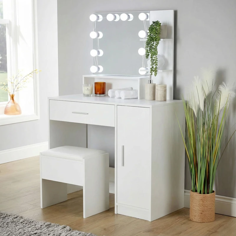 Home Source LED Mirror Dressing Table Set, 1 Door 1 Drawer Makeup Table, 2 Shelves and Open Compartment Storage, Padded Stool, Vanity Desk, White