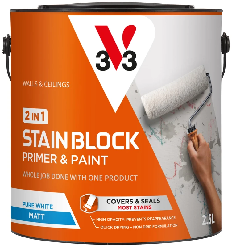 V33 Stain Block 2 in 1 Primer & Paint - Built-in Primer - Covers & Seals Stains - Wall & Ceiling Paint - Pure White Matt 2.5L
