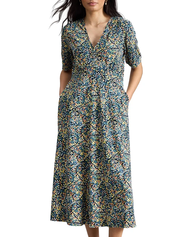 White Stuff Megan Jersey Dress - Long Sleeve V-Neck Dress for Comfort and Style - Navy/Multicoloured - Size 38R - Image 1