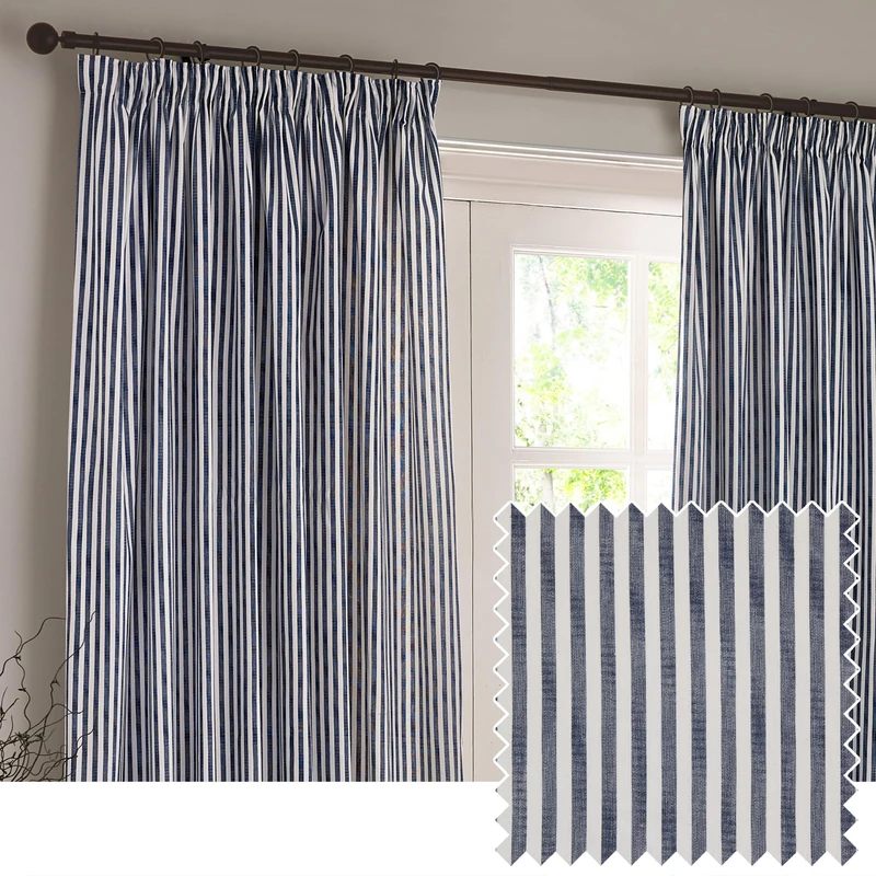 Yard Hebden Blackout Pencil Pleat Curtain Pair – Ultra Soft Cotton Lined Striped Curtains (Navy - 117x137cm)