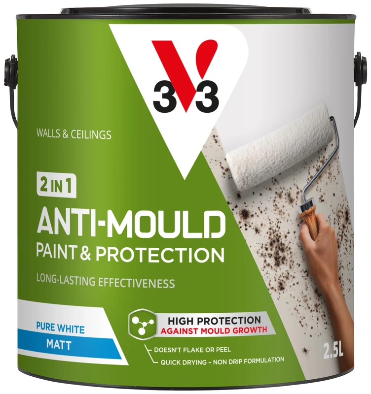 V33 Anti-Mould 2 in 1 Paint & Protection - High Protection Against Mould Growth - Allows Walls To Breath - Wall & Ceiling Paint - Pure White Matt 2.5L - Image 1