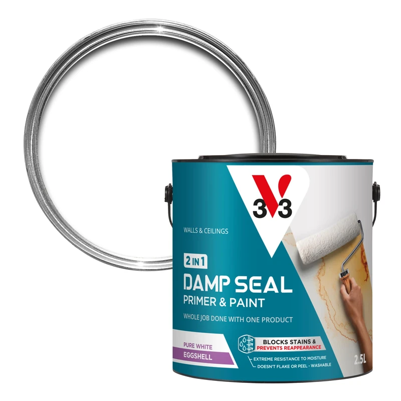 V33 Damp Seal 2-in-1 Primer & Paint - Built-in Primer - Extreme Resistance To Moisture - Wall & Ceiling Paint - Pure White Eggshell 2.5 Litres - Image 1