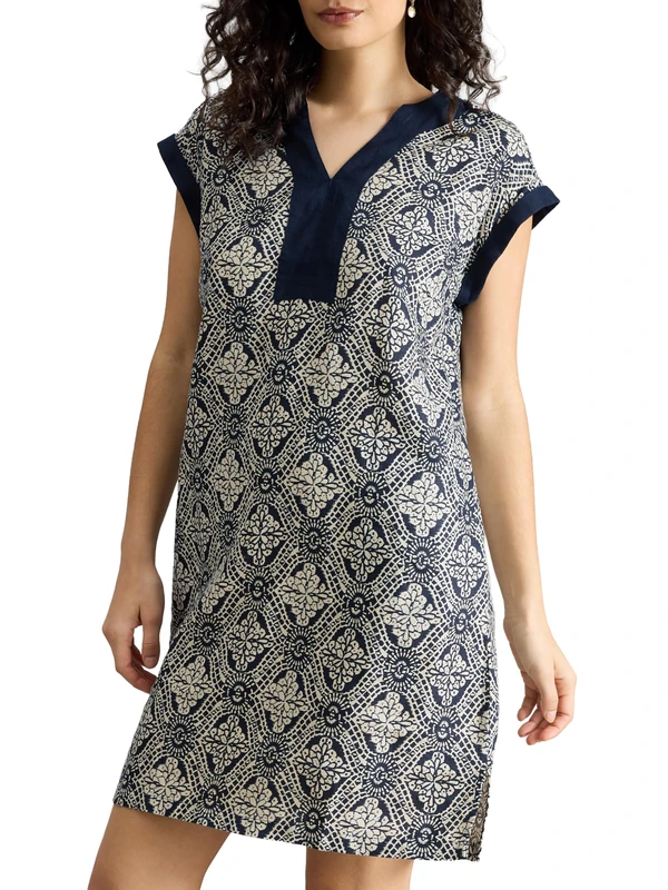 White Stuff Women's Jilly V-Neck Linen Dress - Comfortable and Stylish for Everyday Wear - Navy Multicoloured - Size 10R - Image 1