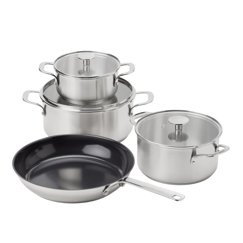 KitchenAid Stainless Steel Sheet Stainless Steel Cookware Set, 4 Pieces, 16 cm/20 cm/24 cm Saucepans and 28 cm Frying Pan, Induction Safe, Oven-Safe, Dishwasher Safe, Silver