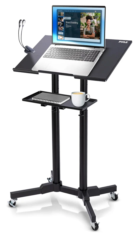Pyle Lectern Stand Podium Mobile Adjustable Laptop Lectern for Church, Classroom & Professional Presentation Use with Rubber Wheels, Metal Brakes & Dual Shelves