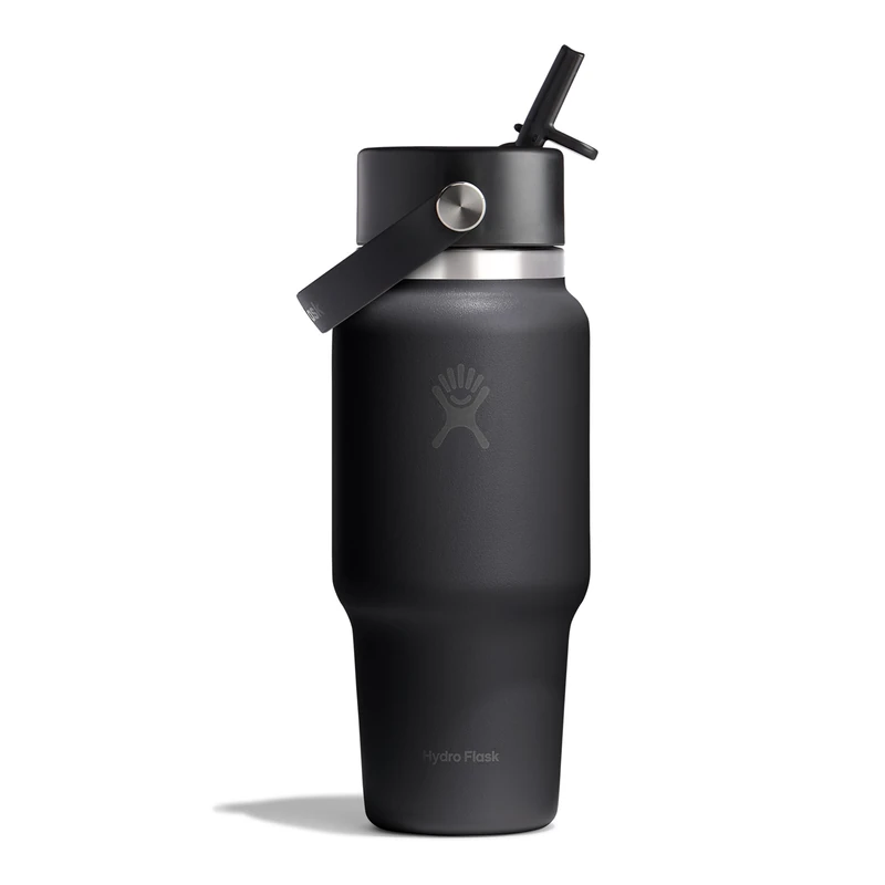 Hydro Flask – Wide Flex Straw Travel Bottle 710 ml (24 oz) – Leakproof, Insulated, Cupholder Compatible – Keeps Drinks Cold 24 Hrs – Flex Straw Cap – Black