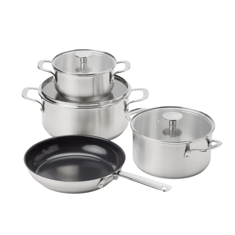 KitchenAid Stainless Steel Sheet Edelstahl-Kochgeschirrset, 4-teilig, 16 cm/20 cm/24 cm Kochtöpfe und 24 cm Bratpfanne, Induktionsgeeignet, backofengeeignet, spülmaschinenfest, Silber