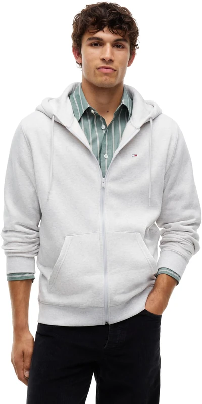 Tommy Jeans Men’s Flag Zip Through Hoodie, Grey (Ice Grey Heather), XXL