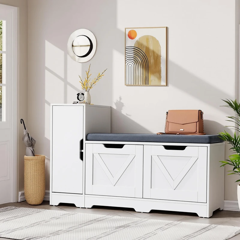 YITAHOME Shoe Bench, Storage Bench with Side High Cabinet and Door, Shoe Storage Bench with Padded Seat, with Cushion for Living Room, Hallway, White