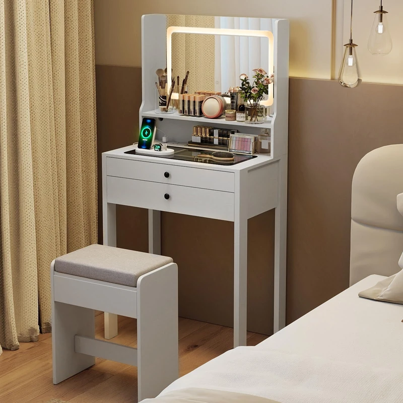 RELAX4LIFE Vanity Makeup Table with Adjustable 3-Color LED Lights Mirror and Stool, Compact Dressing Table with Charging Station and Tempered Glass Top, Cosmetic Bedroom Dresser Make Up Desk (White)