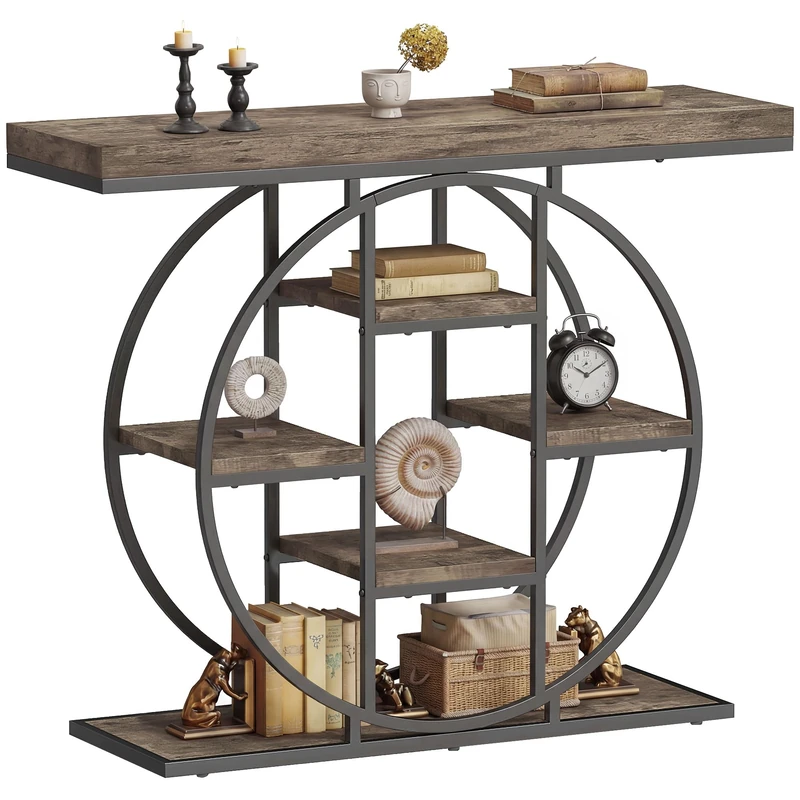HOMCOM Industrial Console Table, Hallway Table with Storage Shelves and Circle Steel Frame for Living Room, Entryway, Rustic Brown