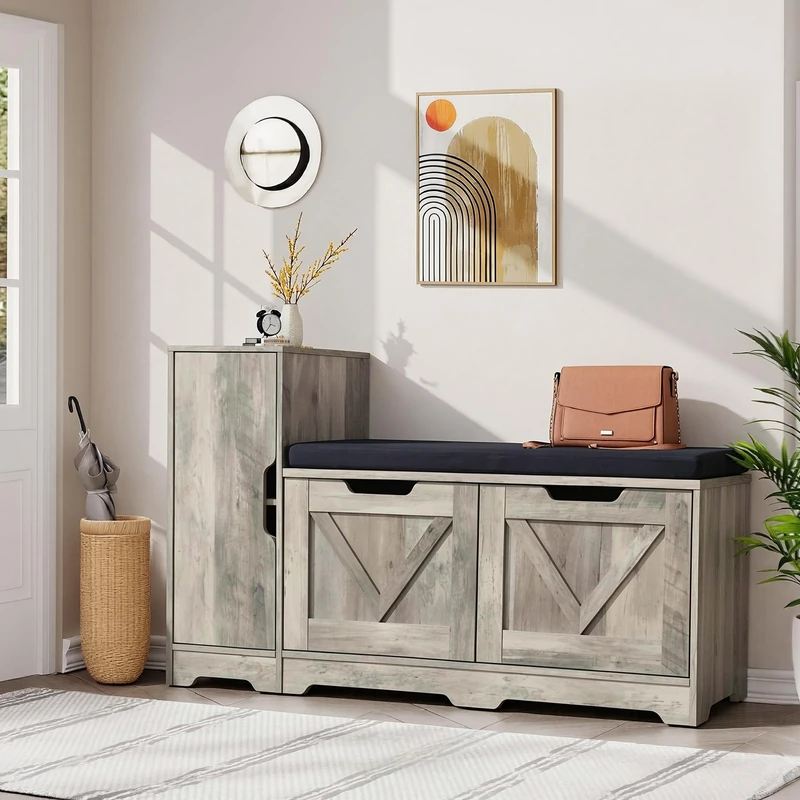 YITAHOME Shoe Bench, Storage Bench with Side High Cabinet and Door, Shoe Storage Bench with Padded Seat, with Cushion for Living Room, Hallway, Grey
