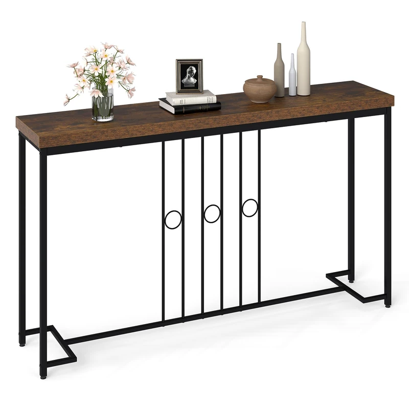 FANTASK Console Table, Hallway Table 140 cm with H-shaped Base, Narrow Sofa Table, Industrial Side Table, Living Room, Bedroom, Entryway, Hallway, Black Brown - Image 1