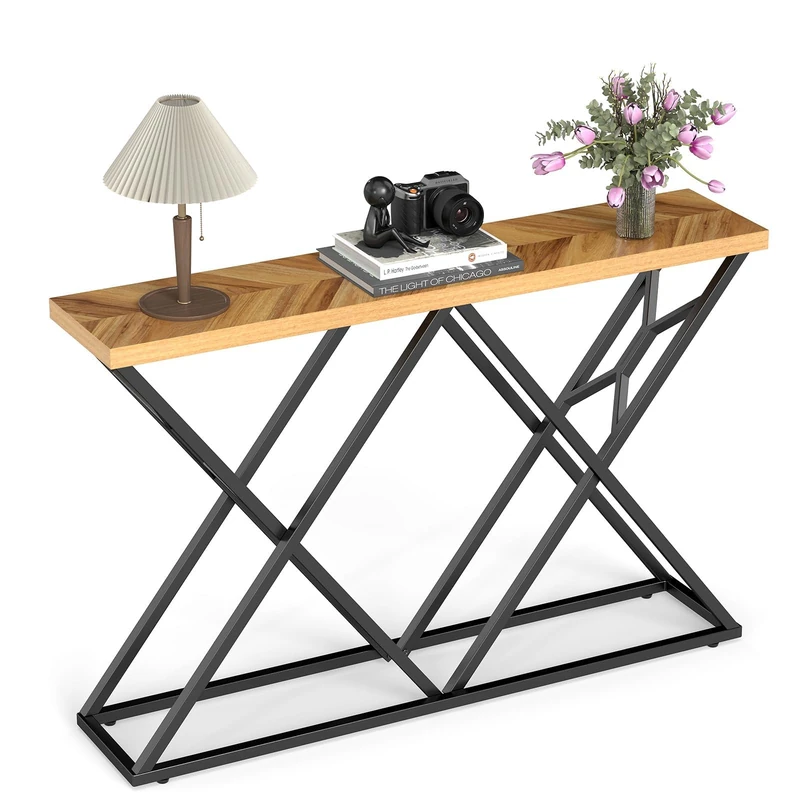 FANTASK Console Table, Entrance Table 140 cm with Geometric Metal Base, Industrial Accent Table, Hallway Table for Hallway, Living Room, Entryway - Image 1