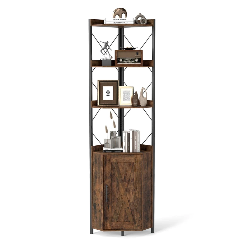 CASART 6-Tier Corner Shelf, Bookcase (Rustic Brown, 38 x 38 x 180cm)