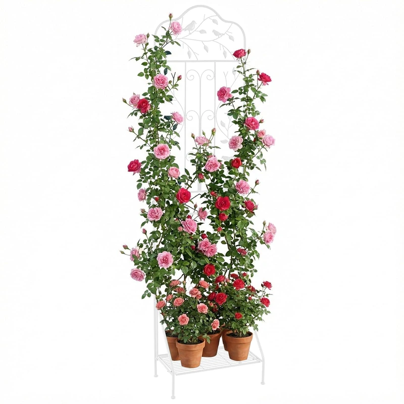 FANTASK 3-in-1 Metal Trellis, Freestanding Trellis with Base, Decorative Garden Fence & Flower Shelf for Climbing Plants, Flowers & Vegetables (White)