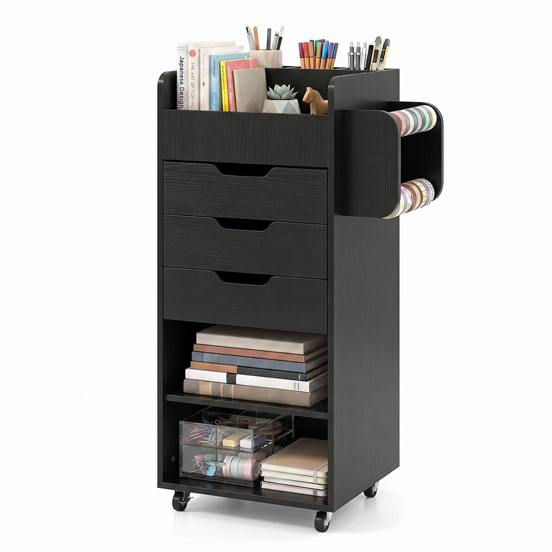 CASART Rolling File Cabinet, Freestanding Storage Cabinet with 3 Drawers, 2 Open Shelves & 2 Hanging Bars, Home Office Lateral Filing Cabinet (Black)