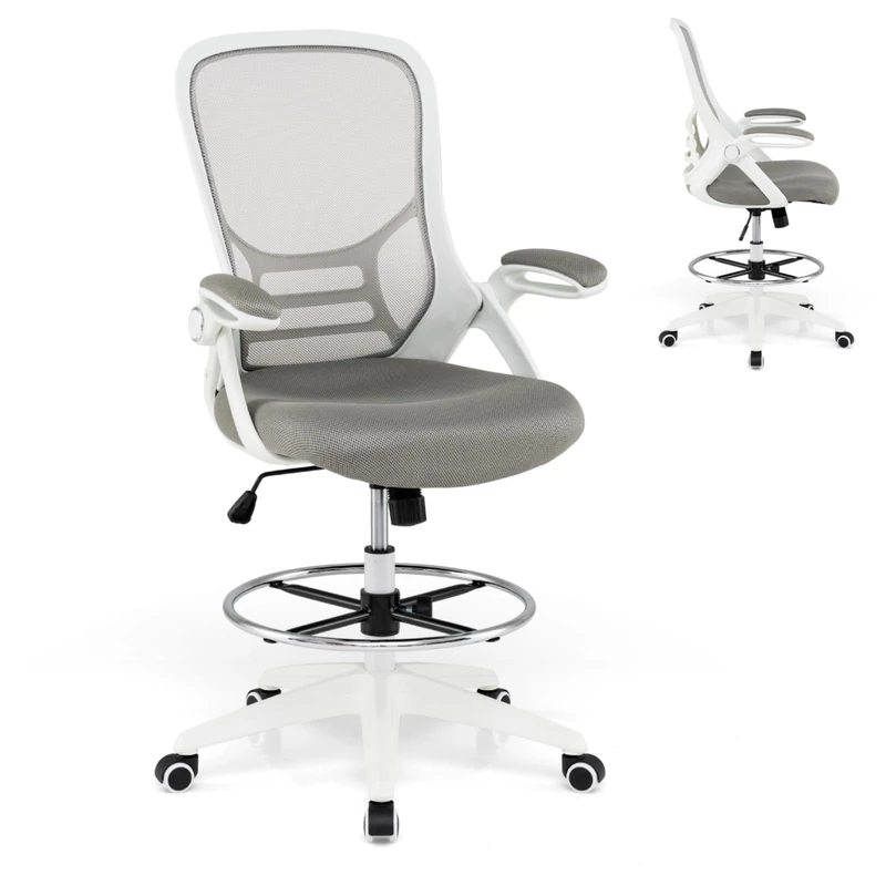 CASART Mesh Drafting Chair, Ergonomic Office Chair with Lumbar Support & Flip-up Armrests, Height Adjustable Rolling Desk Chair for Home Office (White, with Rocking Mode + Adjustable Footrest)