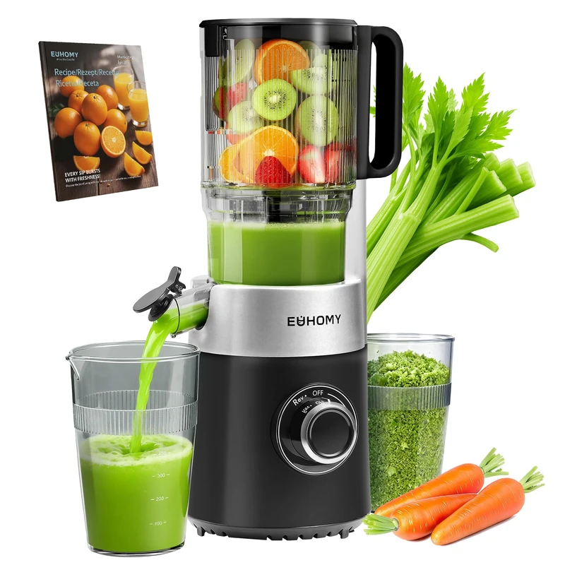 EUHOMY Cold Press Juicer Machines, 135mm&1.8L Chute juicers for whole Fruits and Vegetables, Self Feeding Slow Masticating Juicer with Auto-cutting Auger, Easy Clean, Triple Filter