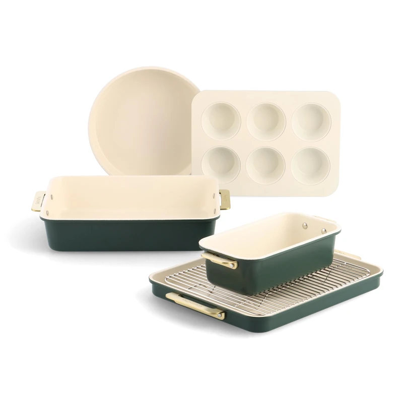 GreenPan Reserve Backform-Set, 6-teilig, antihaftbeschichtet, Keramik, goldener Griff, Backbleche, Kuchenformen, Kastenform, Muffinform, Abkühlgitter, PFAS-frei, Ofenfest bis 240 °C, Grün