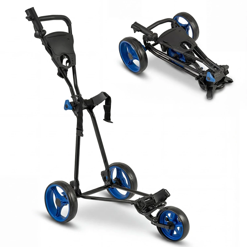 GYMAX Golf Trolley, Folding 3 Wheel Golf Push Cart with Foot Brake, Umbrella & Cup Holder, Adjustable TPR Handle and Mesh Bag, Lightweight Golf Bag Holder (Blue)