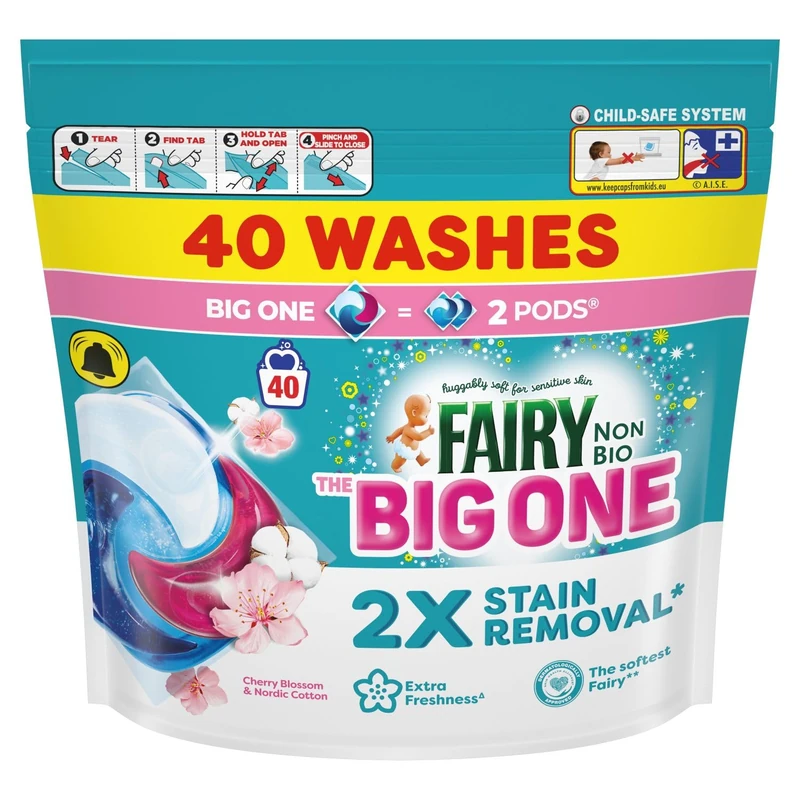 Fairy Non Bio The Big One Washing Liquid Pods, Cherry Blossom & Nordic Cotton, 2 x 40 Washes, 2X Stain Removal, Voted No1 For Sensitive Skin