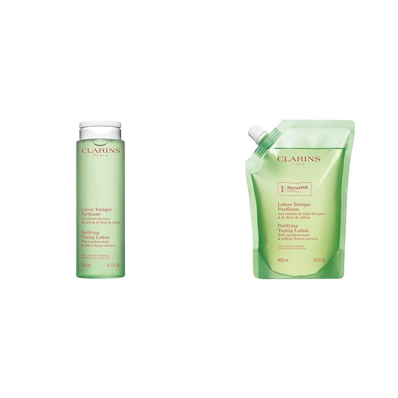 Clarins Purifying Toning Lotion 200ml + Refill 400ml | Cleanses, Hydrates, Purifies, Mattifies and Balances Skin's Microbiota | Contains Witch Hazel | Combination To Oily Skin Types