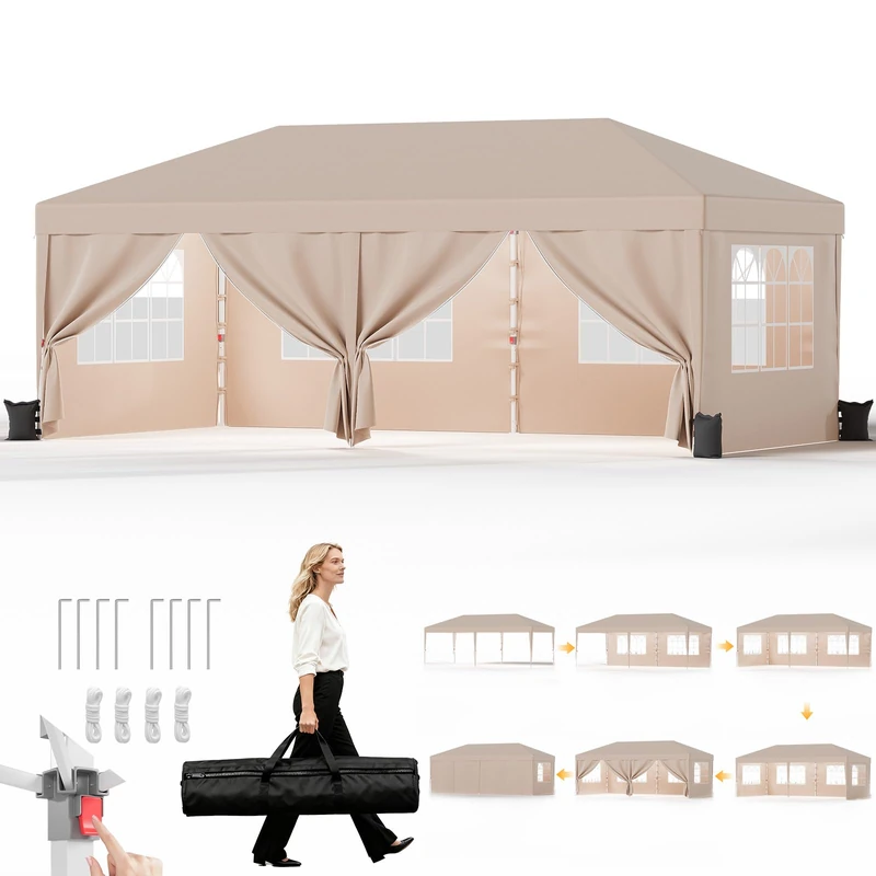 JUMMICO 3x6m Pop Up Gazebo with 6 Sidewalls - Beige