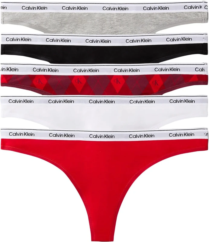 Calvin Klein Women's, Thong 5 Pk LV00QD5221, Thong, Black/Grey Heather/Argyle 25 Establ, XS - Image 1