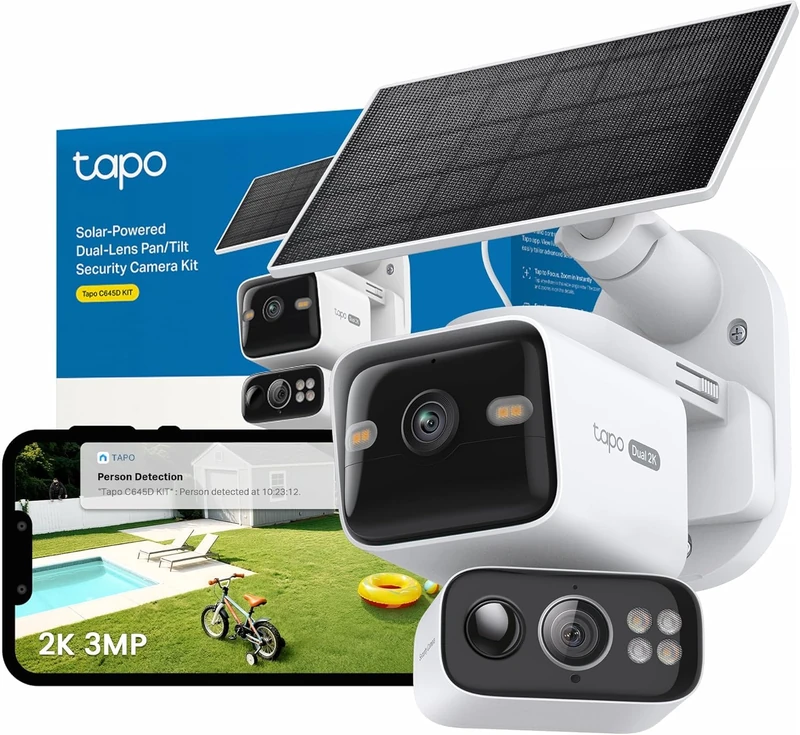 Tapo C645D Outdoor Wifi Camera Kit with Solar Panel, 2K Dual Lens, 360° Covers 2 Areas Together, Backup Battery, 10,000 mAh, Color Night Vision, Tracking/AI Detection, IP65