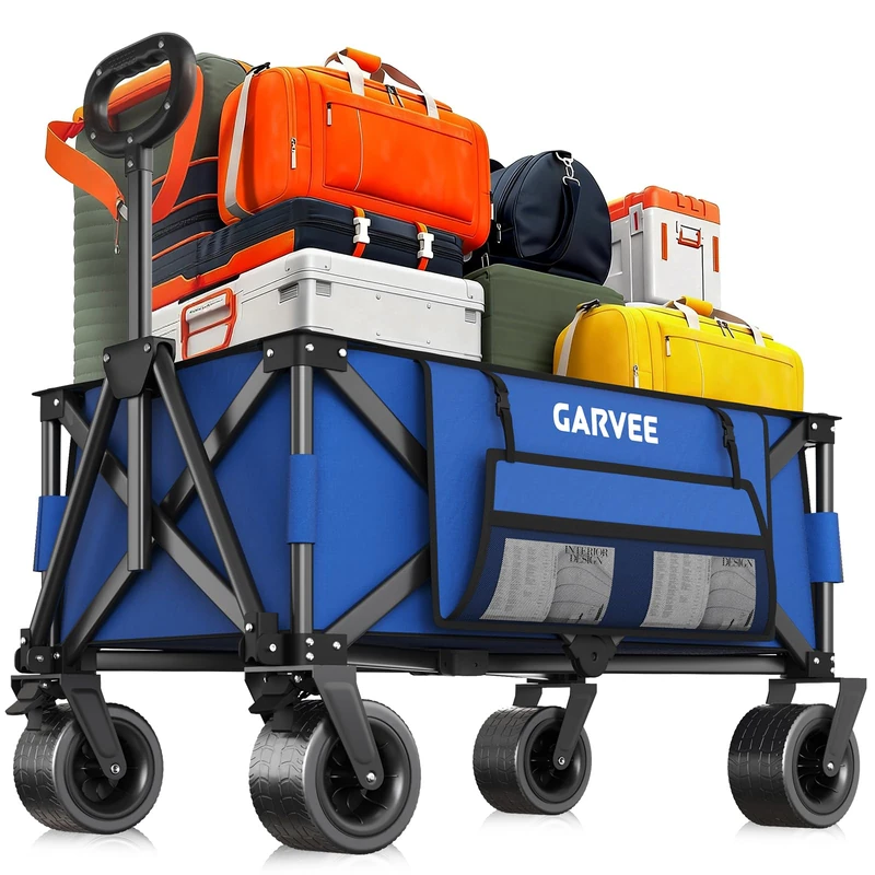 GarveeHome XXL Handcart Foldable, 200 kg Load Capacity & 200 L Volume, Hand Trolley with Brakes & 20 cm Off-Road Wheels, Folding Transport Trolley with Side Pockets for Beach, Camping & Garden, Blue